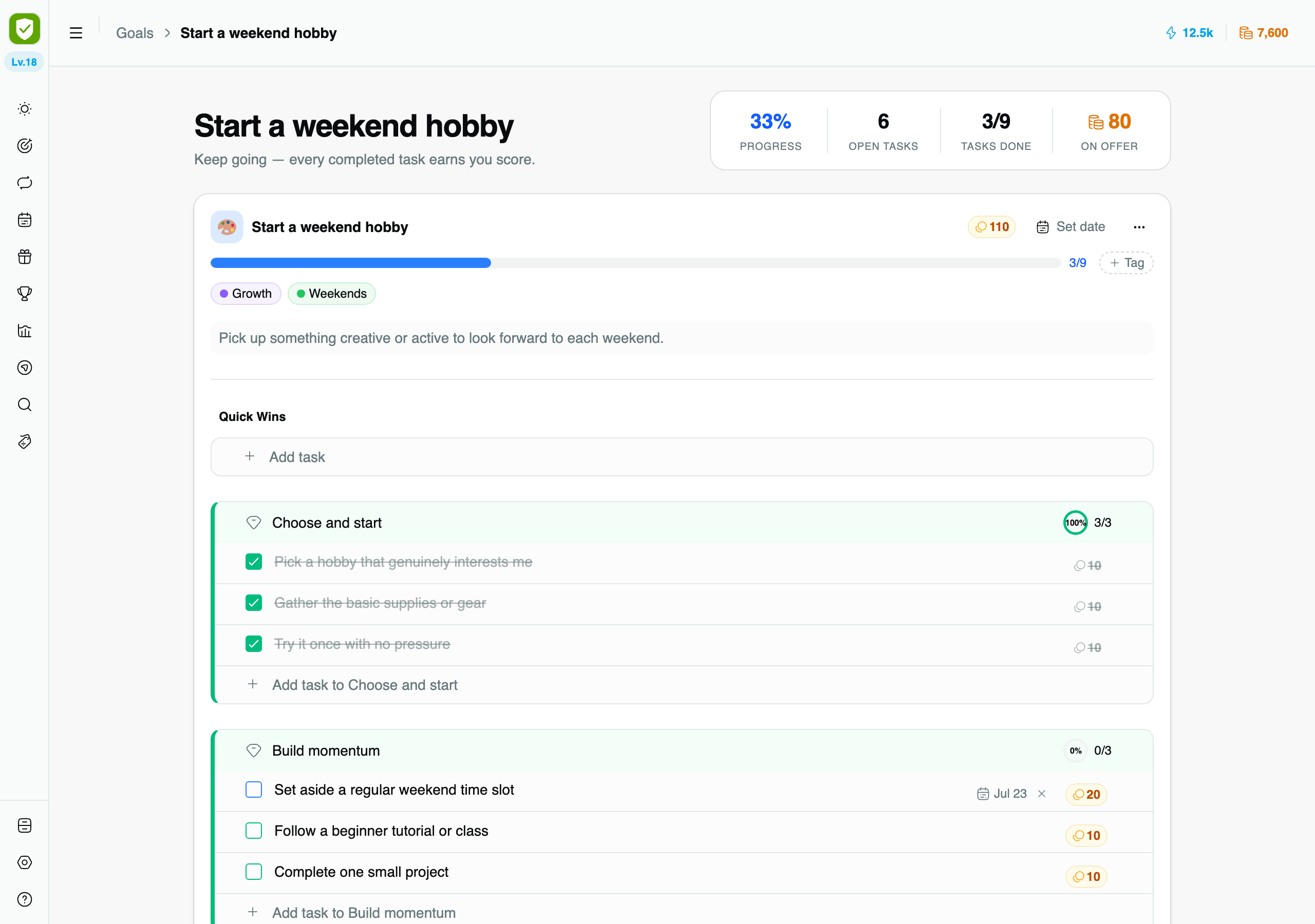 Goal detail page with epics and tasks