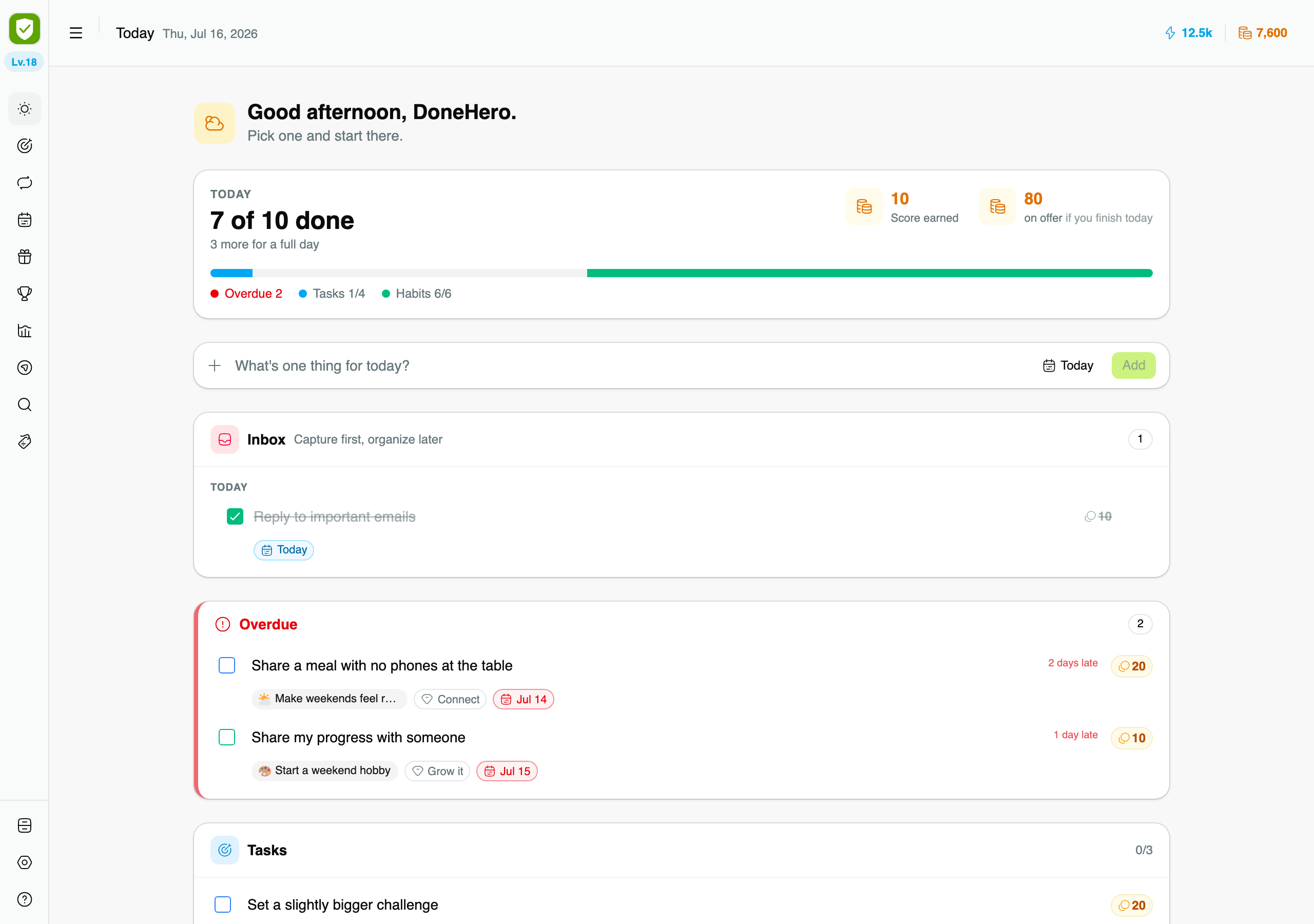 DoneHero Today page with daily tasks, habits, and rewards